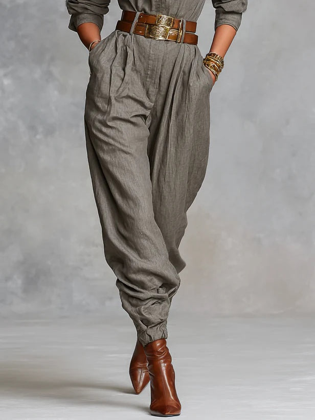 Katoenen en Linnen Gecombineerde Lange Mouwen Shirt Jumpsuit