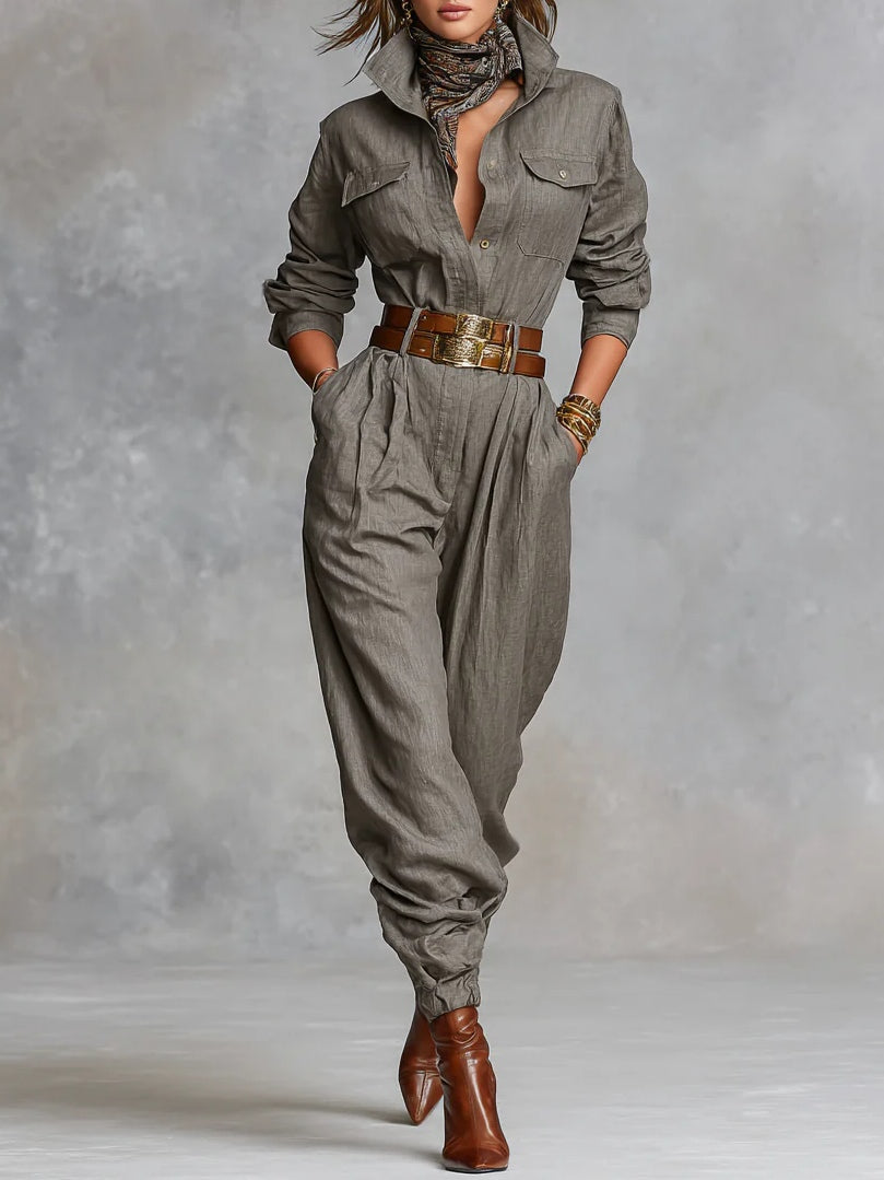 Katoenen en Linnen Gecombineerde Lange Mouwen Shirt Jumpsuit