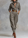 Katoenen en Linnen Gecombineerde Lange Mouwen Shirt Jumpsuit