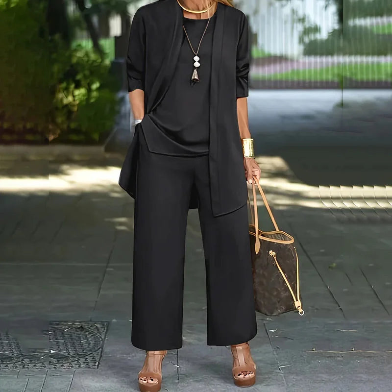 Laney™ Elegante Casual Drie-delige Set | Gecoördineerde Top, Cardigan & Wijde Broek