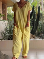 Casual V-hals Effen Kleur Jumpsuit