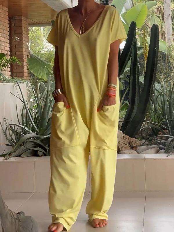 Casual V-hals Effen Kleur Jumpsuit