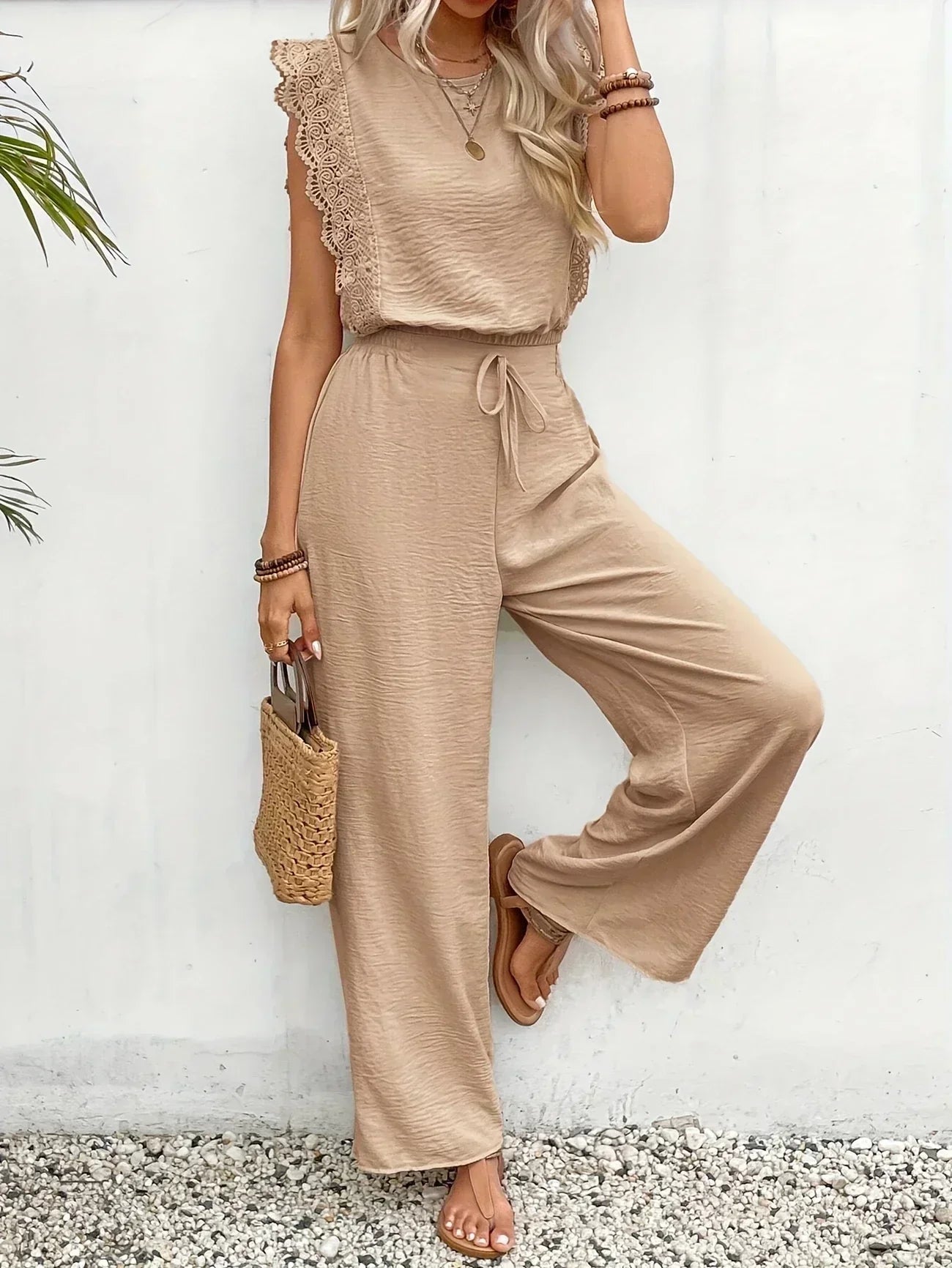 Zella™ Elegante Twee-Delige Set | Kantafwerking Top en Wijde Broek
