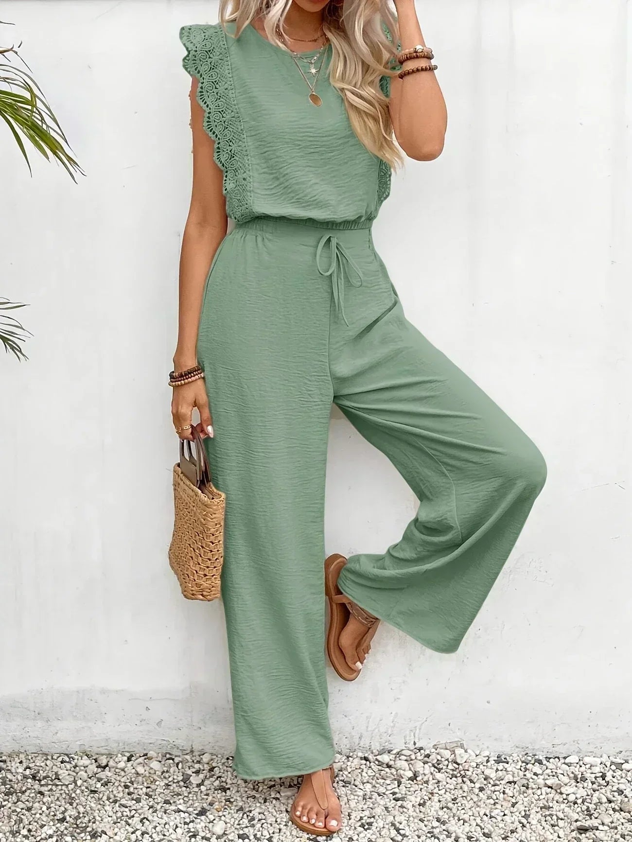 Zella™ Elegante Twee-Delige Set | Kantafwerking Top en Wijde Broek